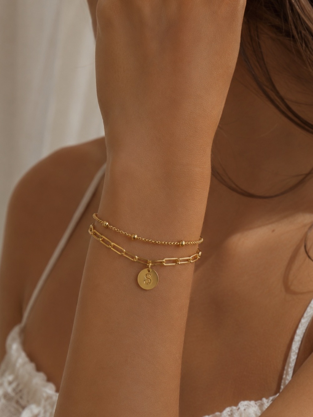 Gold Tone Layered Chain Bracelet Set “S” Initial Charm Dainty Stackable Jewelry